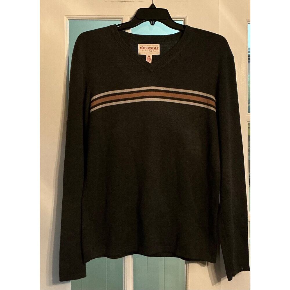 Aeropostale Sweater Dark Grey 3 Stripes Mens Size XL Pullover Long Sleeve
